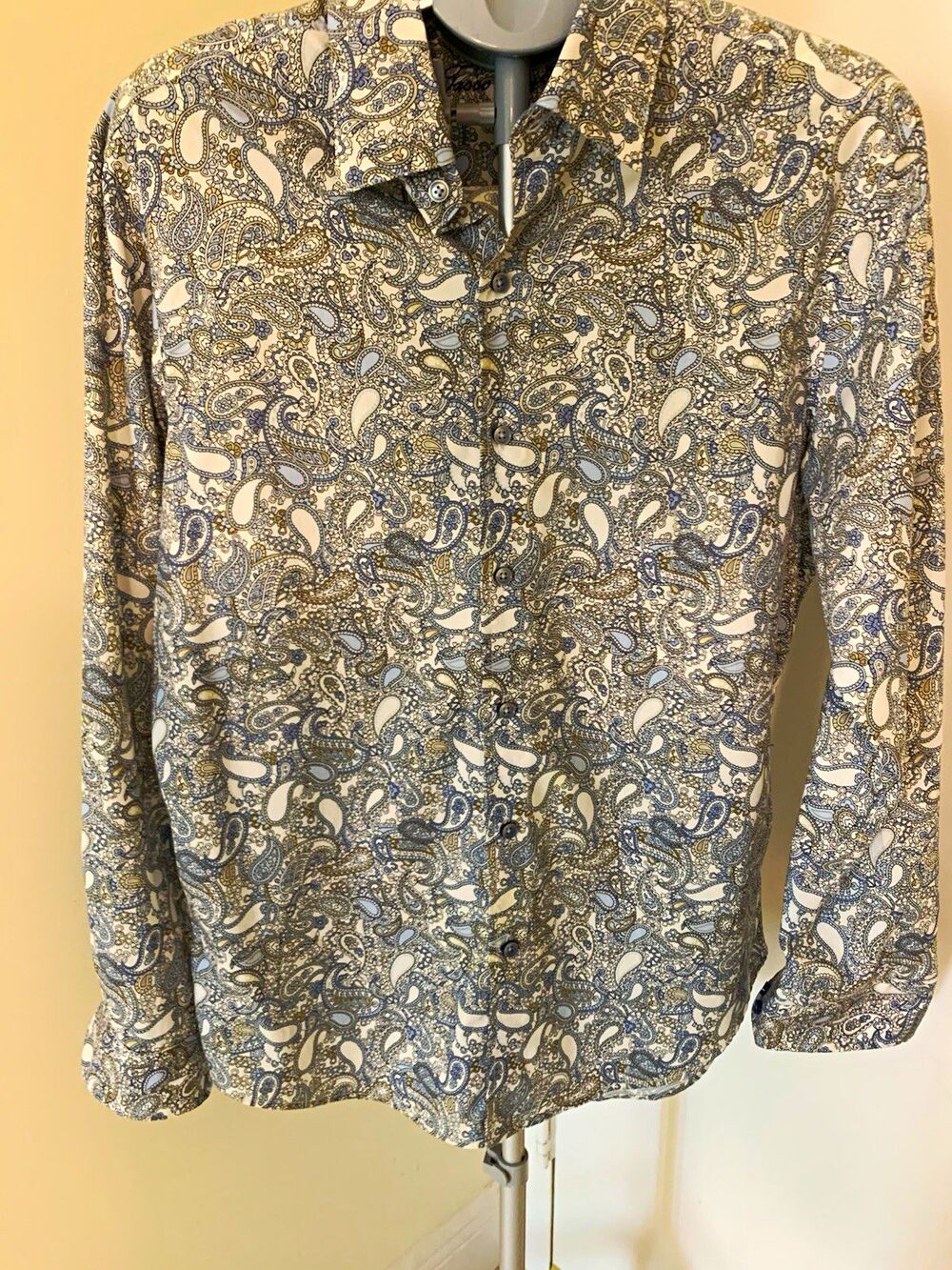 Tasso Elba Mens Dress Shirt Size M Blue White Beige Long Sleeve